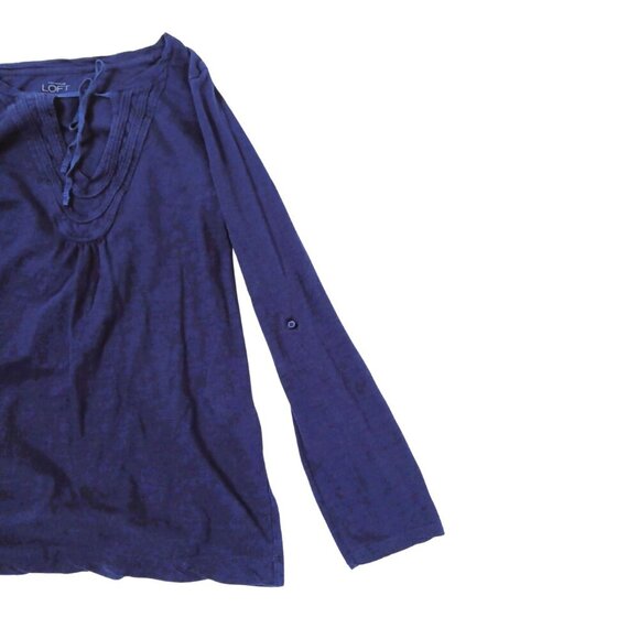 Ann Taylor Loft Blue Pleated Button Sleeve Shirt XS V-Neck Lace-Up Tie - Picture 3 of 5